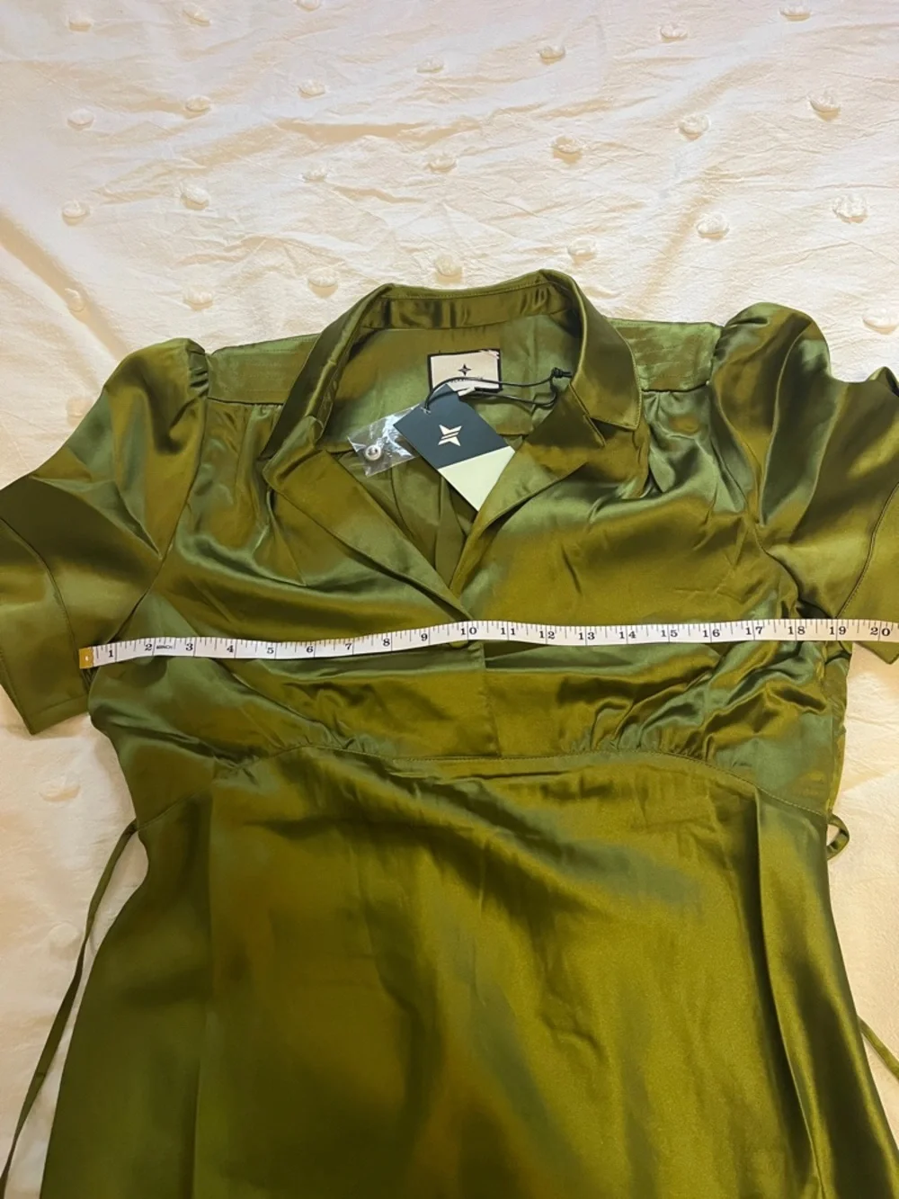 Tuckernuck Olive Satin Midi Dress with Puff Sleeves - Picture 4 of 7